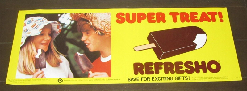 POPSICLE 1976 Ice Cream Paper Advertising REFRESHO Chocolate Covered Kids 5x13"