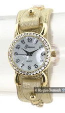 Ladies Gold tone-CZ Clubbing Infinity Watch MOP Dial Brn Strap/GoldSnap 7"-8.5"