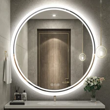 32in Round Lighted Mirror LED Bathroom Vanity Wall Mounted Mirror Touch Anti-Fog