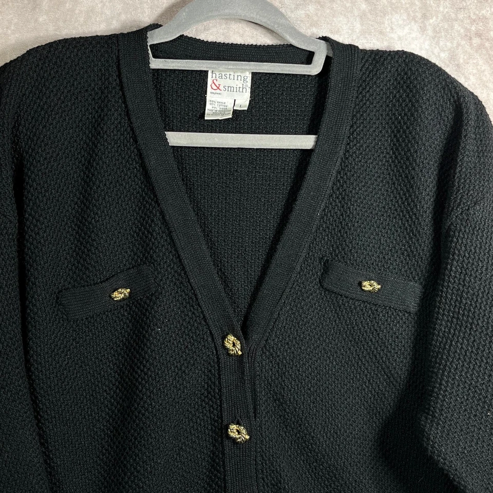 Hasting & Smith Cardigan Sweater Womens Large Black Knit Button Front V-Neck - Image 2 of 4