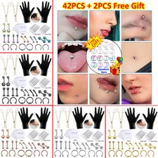 42Pcs Professional Body Piercing Tool Kits Ear Nose Navel Needles Set 14G-16G US