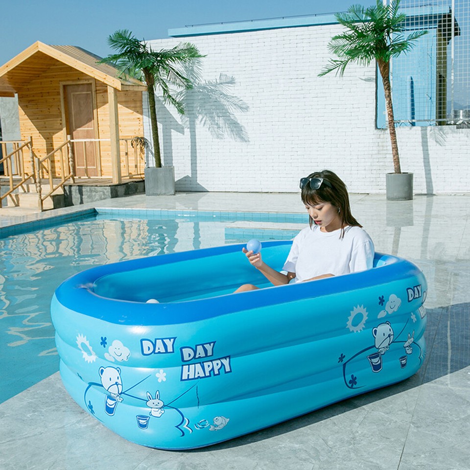 Inflatable Kid Bathing Tub Indoor Outdoor Rectangle 3 Rings for Family