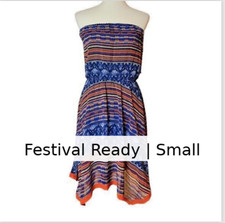 Maeve Boho Strapless Dress | Blue Orange Print | Asymmetrical Hem | Small