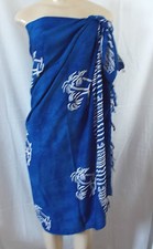 BLUE WHITE PALM TREES BORDER WRAP SARONG COVER UP FRINGE Aprox 63"x 45"