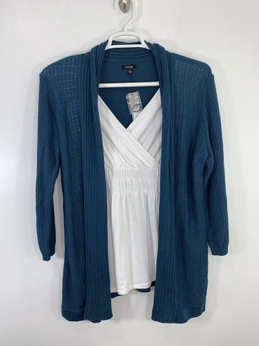 Scroll Mock Layer Cardigan Sweater Teal 