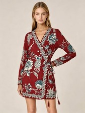 NWOT Farm Rio Red Tropical Landing Floral Print Wrap Mini Dress Size M