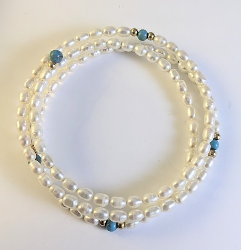 Vtg Genuine Freshwater Pearl Turquoise Bead Gold Wrap Bracelet Ross Simons ? - Picture 4 of 8
