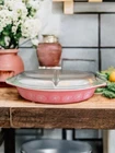 Vintage Pyrex Pink Daisy 1.5 qt Oval Divided Casserole Dish & Lid Grandma Core