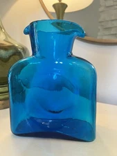 Vintage Blenko Art Glass Double Spout Turquoise Water Bottle Pitcher