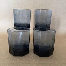 Vintage Libbey Facets Dusky Cobalt Blue Old Fashion Glasses Set of 4 Lowball