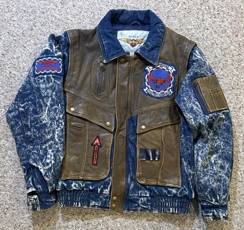 Vtg Nixit US Naval Patch Dambusters Denim / Leather Jacket. Size S - product listing photo