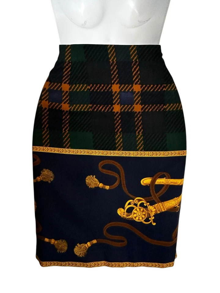 Falda de Colección Envoltura de Lana a Cuadros Estampado Ecuestre Bridas Correas Dorado Azul Marino Verde 8 Foto 2 de 4