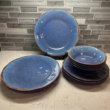 Gianna's Home 12 pc Rustic Farmhouse Blue Melamine Dinner & Salad Plate/Bowl Set
