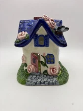 Vtg Ceramic TEALIGHT Candle Cottage House Butterfly Flowers Fairy Charming