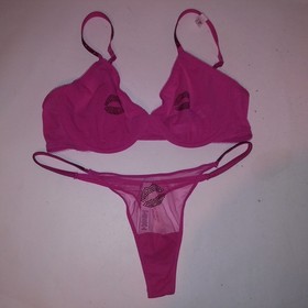 Victoria Secret Bra Set 36C Unlined Demi Medium Thong Panty Pink Shine Strap New
