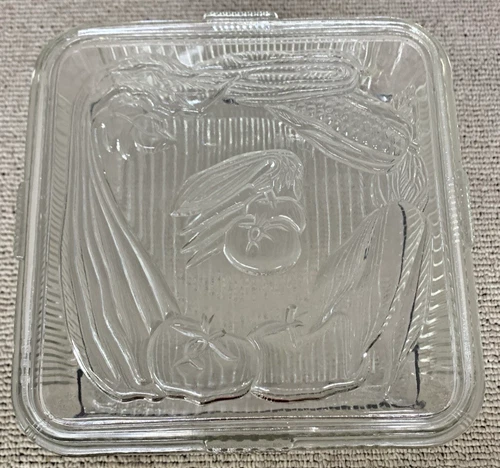 Vintage 1950’s Glass Ribbed Refrigerator Dish With Lid 8.5”x8.5”Harvest
