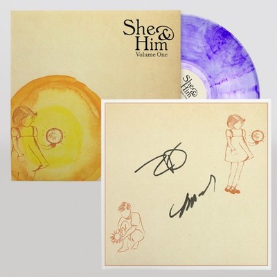 SHE & HIM Volume One LP Purple Swirl Vinyl w/ Autographed Signed 12  x 12  Print