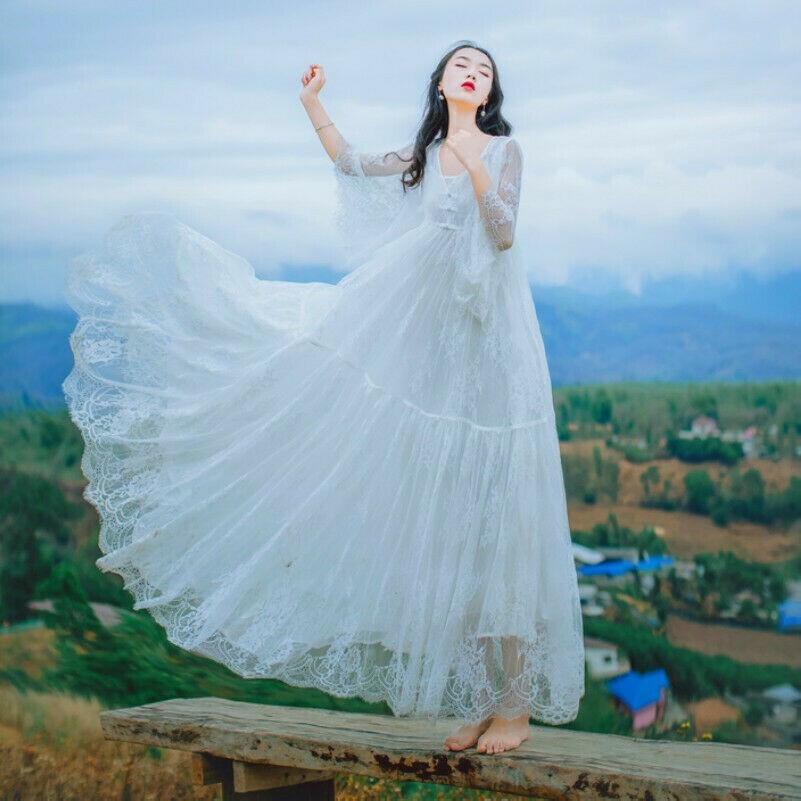 Women Fairy Lace Dress Flare Sleeve Big Swing Dresses Princess Beach Holiday