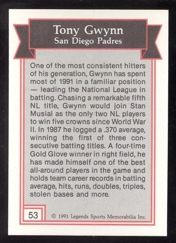 53 TONY GWYNN 1991 Legends Sports Memorabilia SILVER SAN DIEGO PADRES MLB - Bild 2 von 2