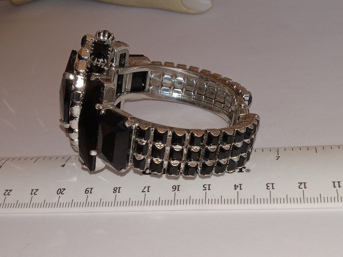 RODRIGO OTAZU RUNWAY SILVERTONE BLACK RHINESTONE CLAMPER BRACELET