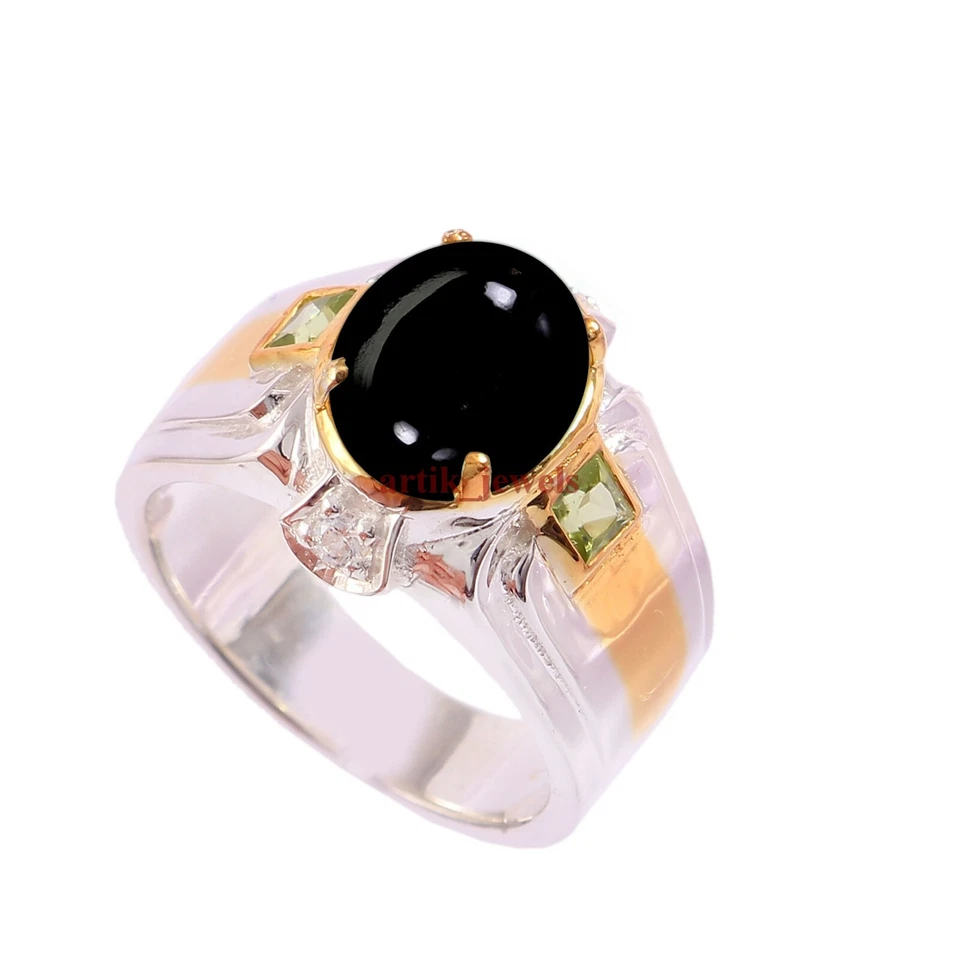 Anillo De Hombre De Ónix Negro Natural Y Peridoto Con Plata Esterlina 925 #5869 - Imagen 3 de 4