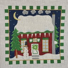 Hand Painted Needlepoint Canvas Snowman House Pillow Cover Green Block Border