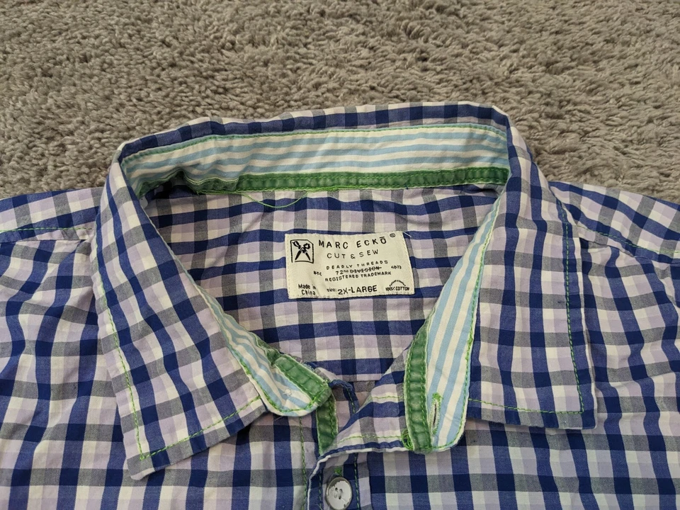 Marc Ecko Cut & Sew Button Up Shirt Mens 2XL XXL Long Sleeve Check Blue - Image 4 of 4