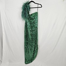 Sequin Prom Gown Party Dress Size 9/10 Emerald Green Feathered One Shoulder Vtg