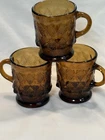 3 VTG Fire King Mugs Anchor Hocking Kimberly Diamond Amber Glass Coffee Cups