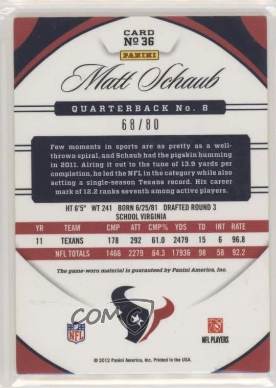 2012 Certified Materials Mirror Red /80 Matt Schaub #36 - Image 2 of 2