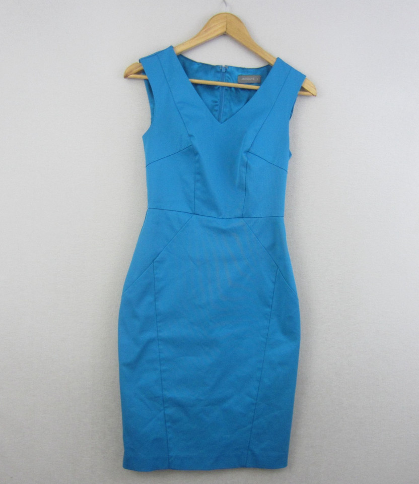 Jacqui E Dress Womens 6 Blue Sheath Sleeveless V-Neck Fitted Stretch Event Work