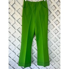Vintage 70's Bright Green Thick Knit Pull-On High Rise Flared Pants sz 28 Retro