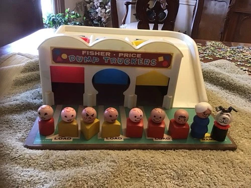 Vintage Fisher Price Little People Dump Truckers 979 with wooden people