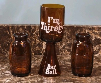 Vintage 1960s ''I'm Thirsty'' Bar Bell & Set of 2 Sterling Brewery Barrel Bottles 