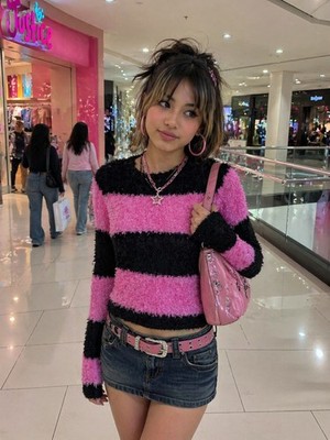 Y2K Justice Chunky Striped Fuzzy Scene Gothic Fairy Grunge Kawaii Sweater   