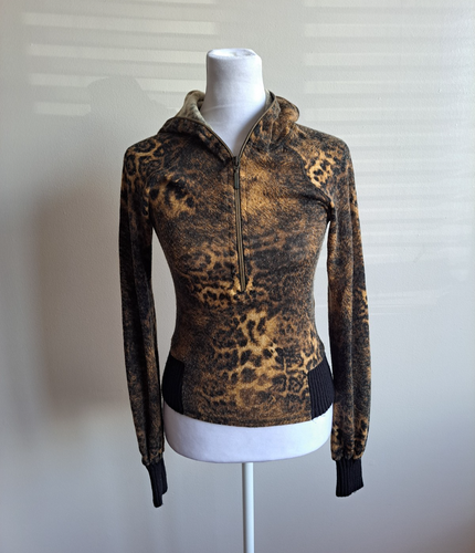 Women's Leopard Print Quarter-Zip Hoodie Sweater Shirt Size XS - Picture 1 of 14