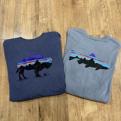 (2) Patagonia Responsibili-Tee L/S Shirt Fitz Roy Bison Fish Men s Size Large