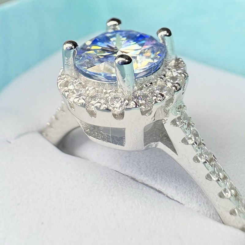 New Moissanite 1 ct Round Cut With Halo 925 Sterling Silver Ice Blue Ring sz 8