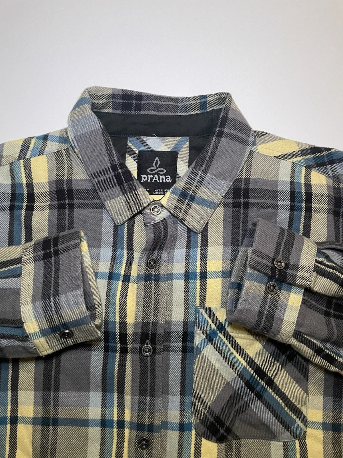 Prana Men’s Large Shirt Woodman Flannel Button Up Organic Cotton Outdoors Hiking