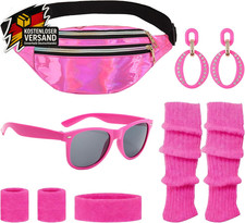 80er Jahre Damen Outfit Komplett-Set Neon Aerobic Kostüm Grün Bauchtasche Stirnb