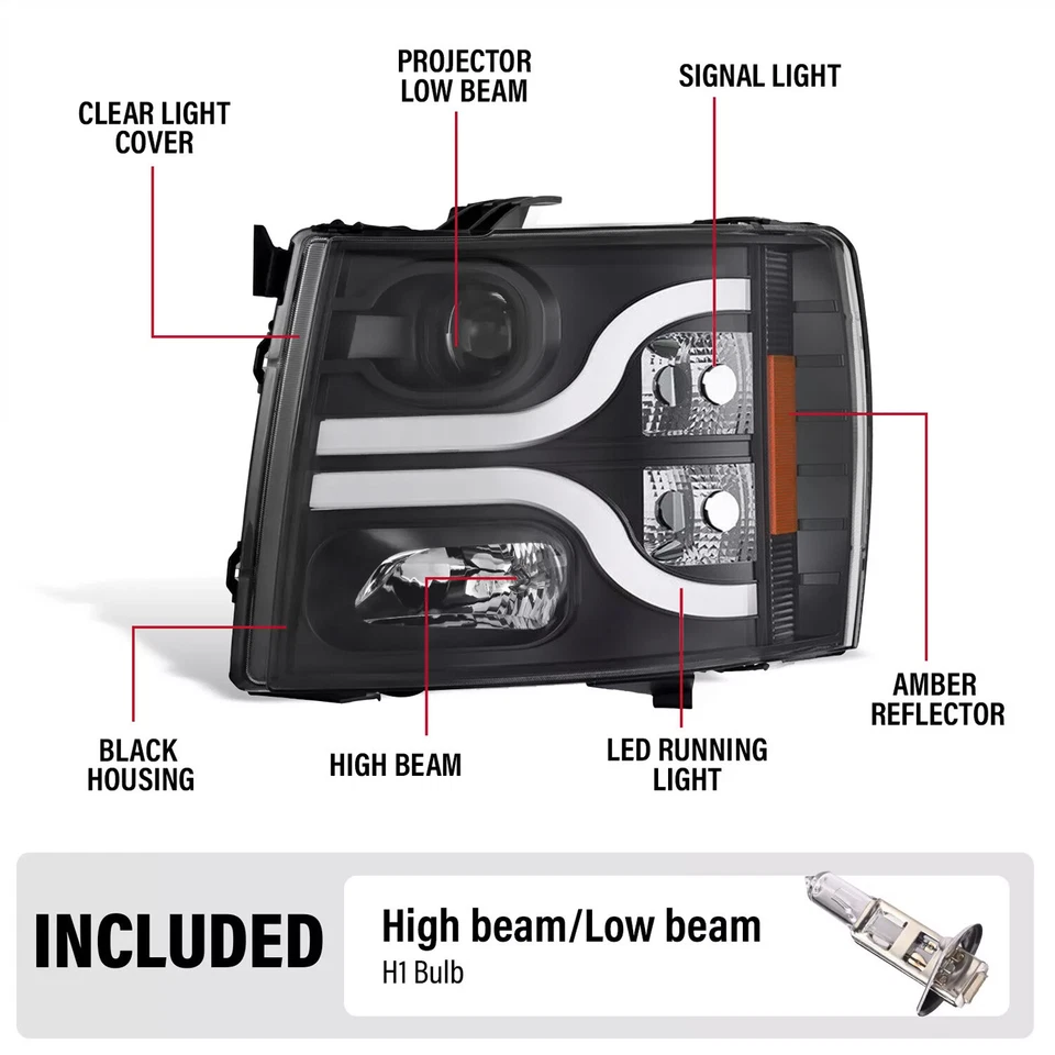 Projector Headlights LED DRL For Chevy Silverado 1500 2500HD 3500 HD 2007-2013 - Image 2 of 4