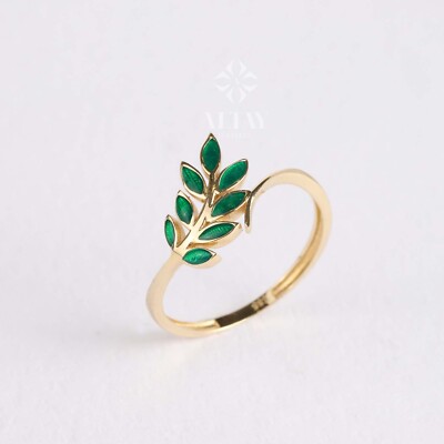Ring 14 Karat Gold grünes Blatt. Lorbeer Floral Natur Band, Hochzeit, Blatt Zweig Ring