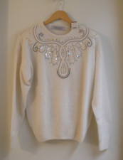 Vintage Karen Scott Evening Cream Silk Angora Sweater With Sequins Pearls Size M