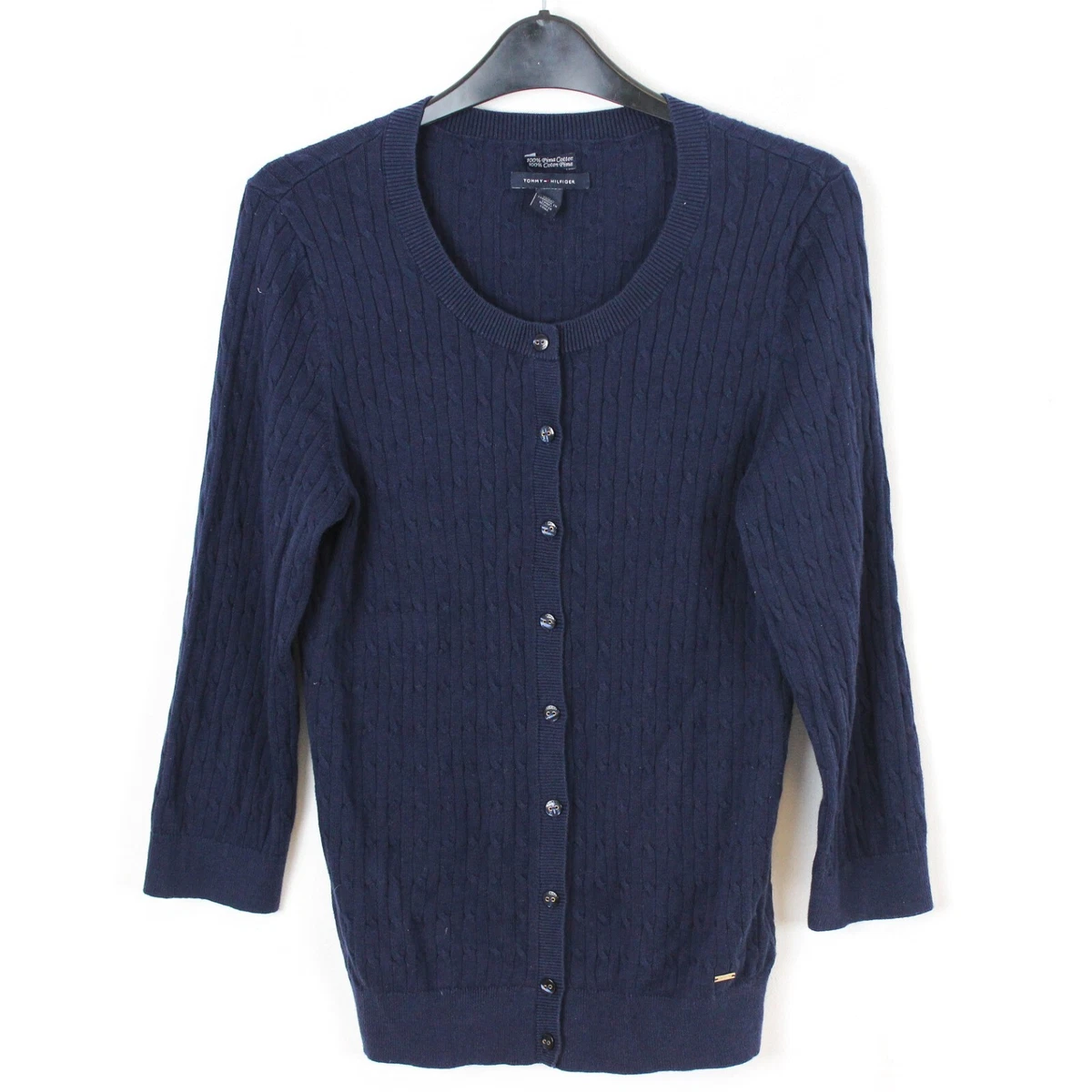 TOMMY HILFIGER Womens M Cardigan Sweater Jumper Cable Knit Button Up Blue Top