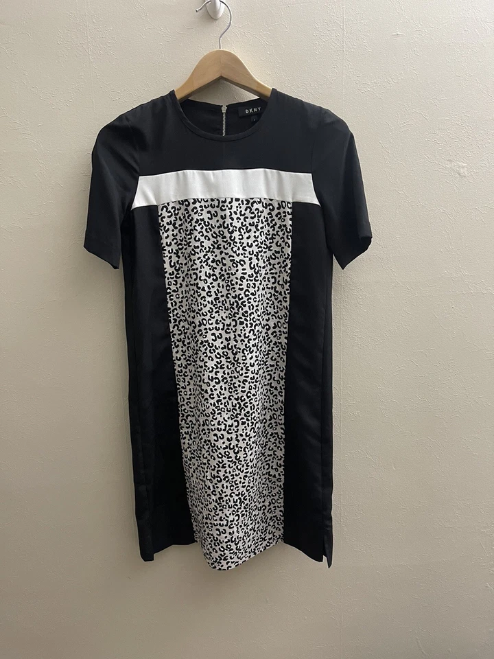DKNY женщин Рекомендуемая розничная цена производителя $119 леопард рубашка платье с коротким рукавом черный белый карман Sz0 молнии