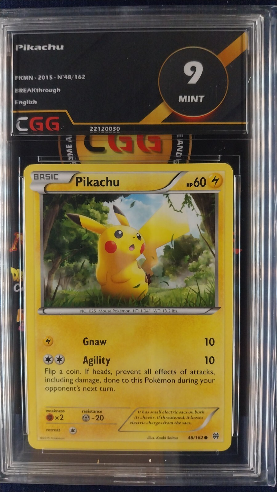 Carte pokemon Pikachu Gradée CGG 9 Mint ENGLISH Breakthrough 48/162 22120031