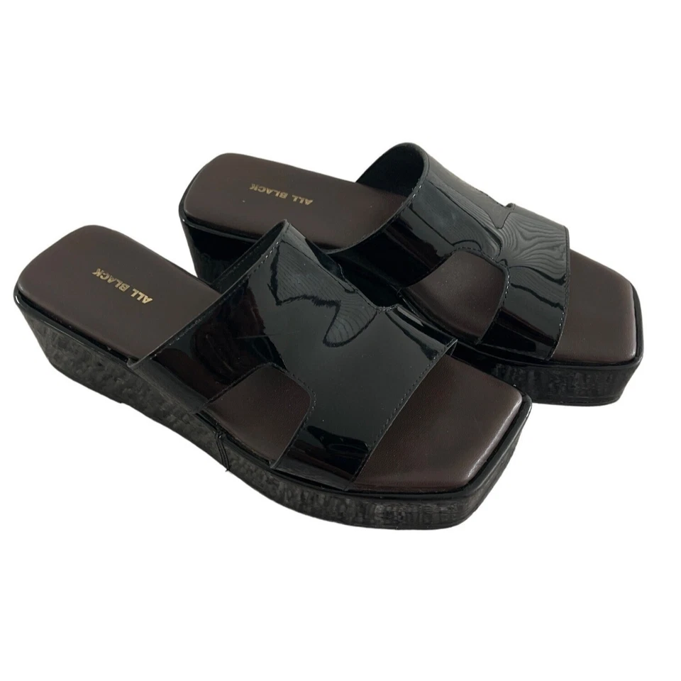 CALZADO TODO NEGRO Sandalias de cuña T romas charol negro para mujer 40 9-9,5 $1 Foto 3 de 4