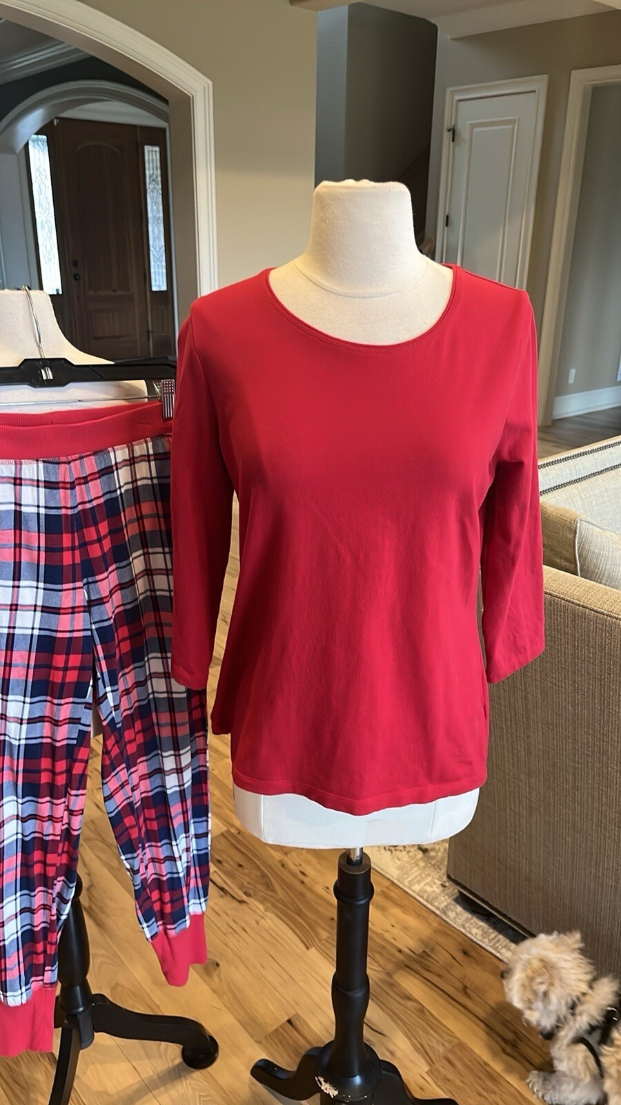 Pajama Set Red Plaid Pants Solid Long Sleeve Top - image 2