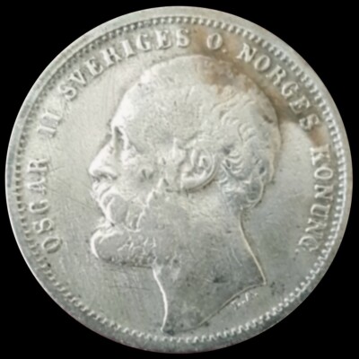 1876 1 Krona .800 Silver Coin - Oscar II KM#741 # 0510