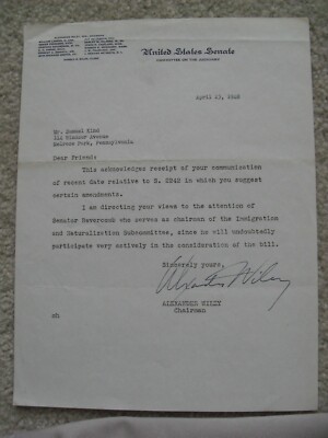 RARE Original 1948 US Senator Signed Letter Alexander Wiley Wisconsin
